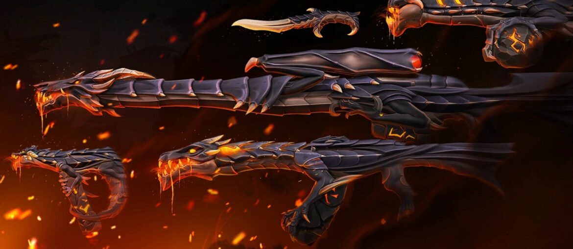 Elderflame Bundle in Valorant 9900VP Cost released in 2020 a Futuristic dragon-themed weapons glow with fiery orange accents, surrounded by embers on a dark background, conveying a sense of power and fantasy.