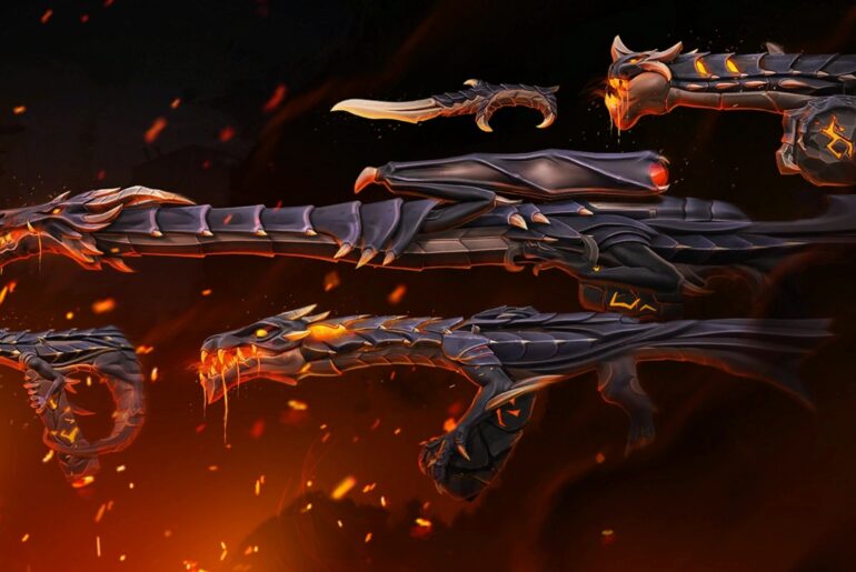 Elderflame Bundle in Valorant 9900VP Cost released in 2020 a Futuristic dragon-themed weapons glow with fiery orange accents, surrounded by embers on a dark background, conveying a sense of power and fantasy.