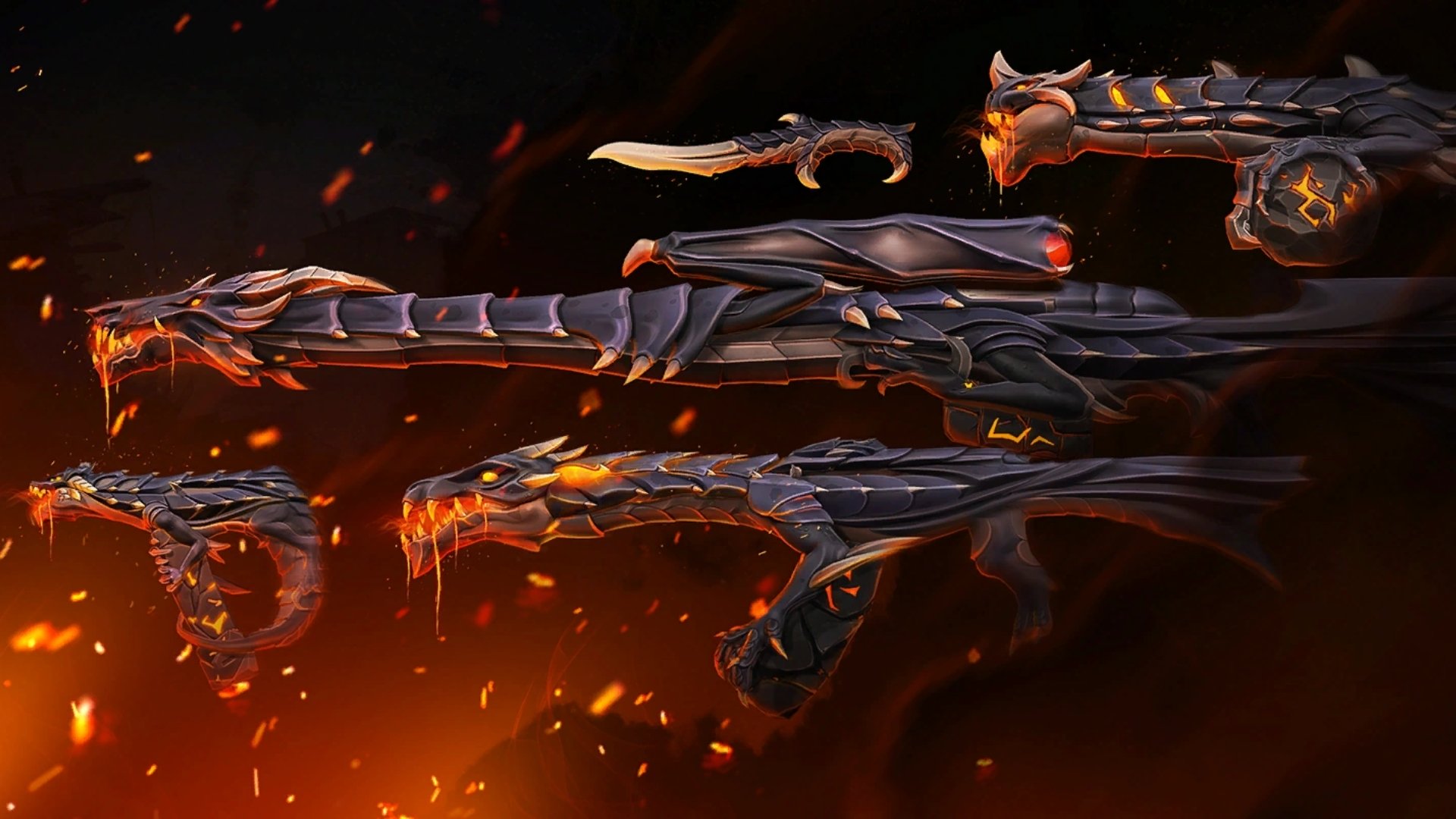 Elderflame Bundle in Valorant 9900VP Cost released in 2020 a Futuristic dragon-themed weapons glow with fiery orange accents, surrounded by embers on a dark background, conveying a sense of power and fantasy.